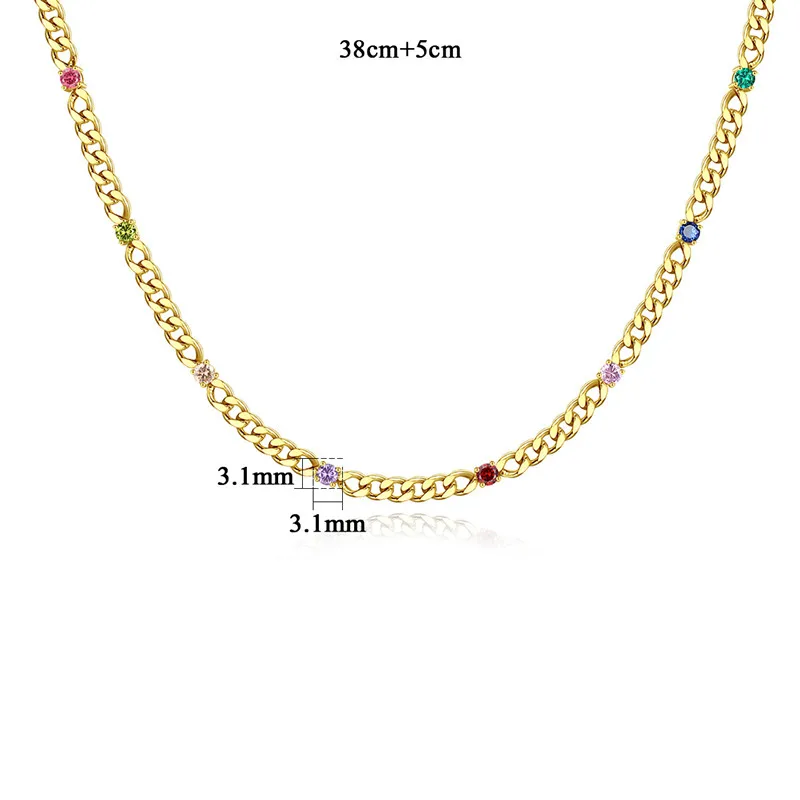 FXLRY Fashion Gold Color Colorful Zircon The Chain Of Tennis Stainless Steel Necklace For WomenFashion Girl Party Jewelry