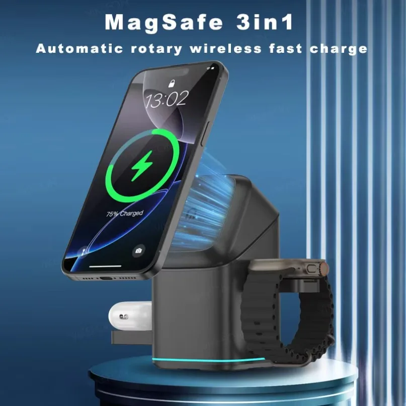 Caricabatterie wireless magnetico rotante elettrico 3 in 1 con luce LED per iPhone 16, 15, 14, 13 e 12 Mag Safe, iPhone Watch Pro_voghion.com
