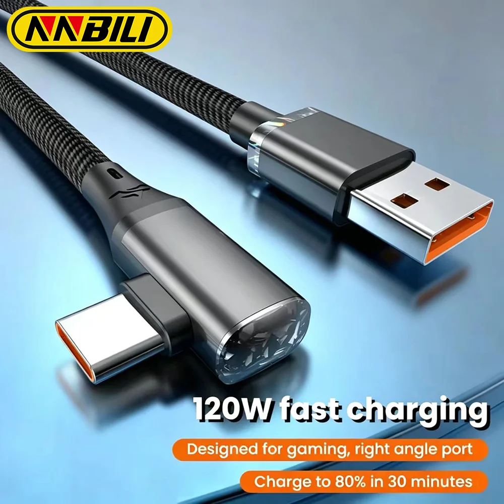 High-Speed 90-Degree Elbow USB A to Type C Charging Cable - 120W Fast Charge Data Cord