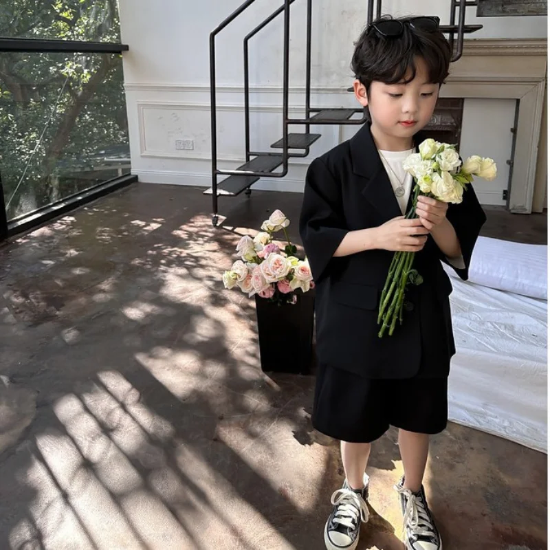 High Quality Boys' Blazer Suit Set Summer New Thin Casual  Baby Boy Single Breasted Korean Black Short Sleeve Coat+ Shorts 2pcs