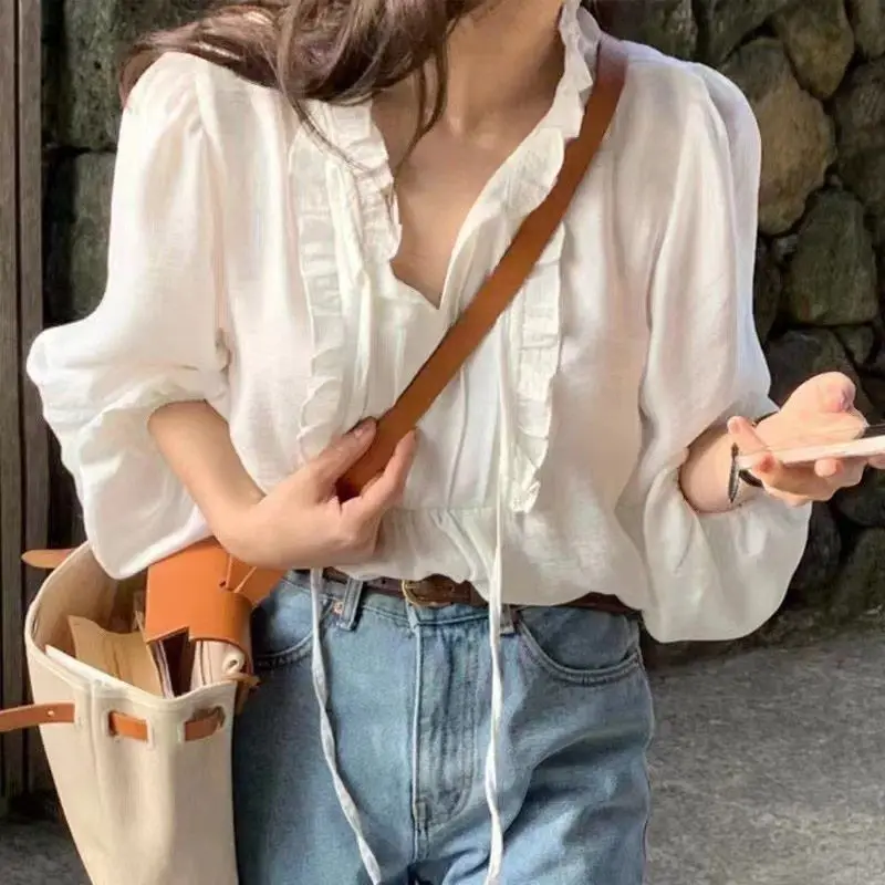 

Preppy Style V-neck Lacing Summer Patchwork Ruffles Puff Sleeve Loose Solid Color Long Sleeved Women All-match Affordable Shirt