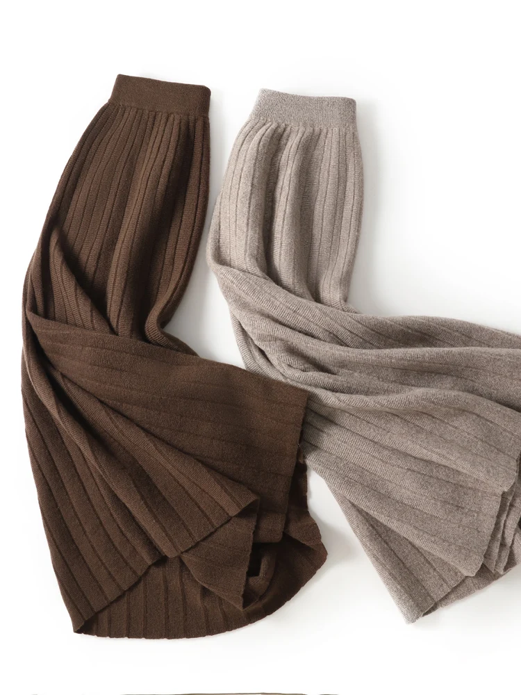 Autumn Winter Women Elastic High Waist Elegant A-Line Solid Knitted Skirts