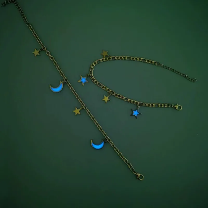 Stainless Steel Luminous Star and Moon Pendant Anklet for Women Personalized Creative Foot Chain Vocation Jewelry Gifts