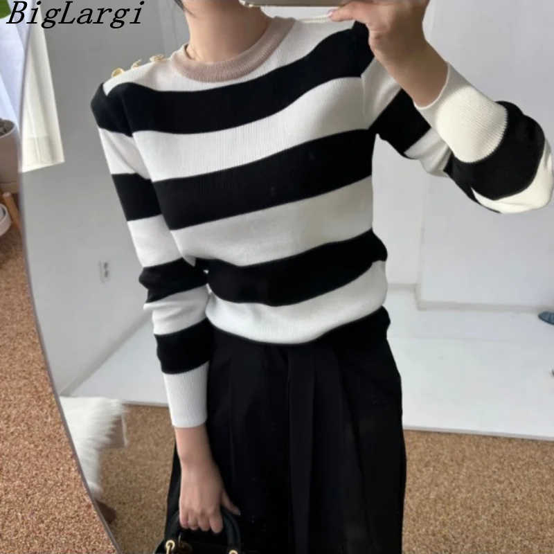 

2023 Autumn Knitted Korean Chic Striped Sweater Women France Style Modis Sweater Casual Office Loose Pullover Ladies Sweaters