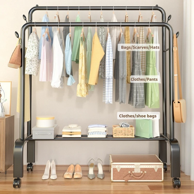 Clothes Rack Dual Pole Clothes Hanger Movable Wardrobe Stand for Shelves Home Furniture Standing Coat Sotrage Rack