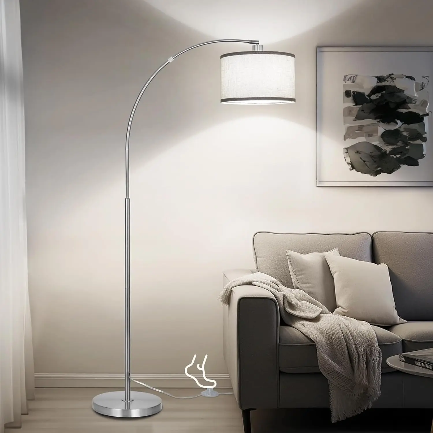 

Floor Lamp for Living Room, Silver Modern Standing Lamp with Adjustable Tall Pole Lamp with On/Off Pedal Switch, Over Couch Arc