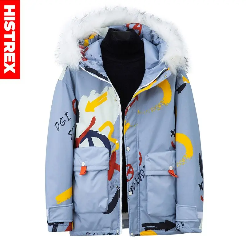 HISTREX Down Jacket Parka Men Hooded Cartoon Print 2023 Y2K Korean