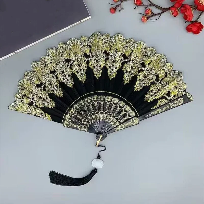 Folding retro pattern hand fan, single flower folding fan, Chinese dance fan, role-playing party decoration, women's handheld
