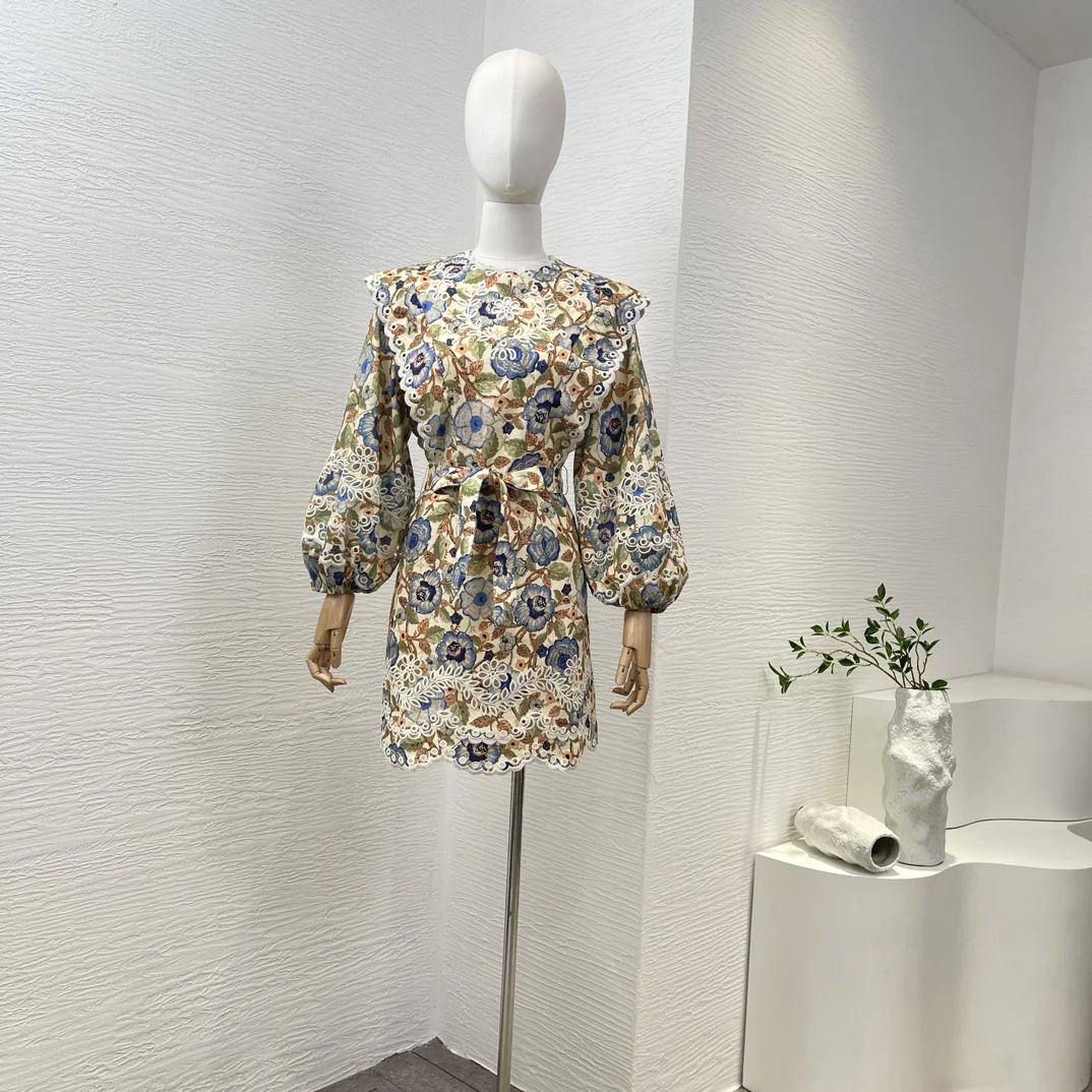 

Green Floral Print Long Lantern Sleeve Pure Linen Hollow Out Women High Quality White Mini Dress