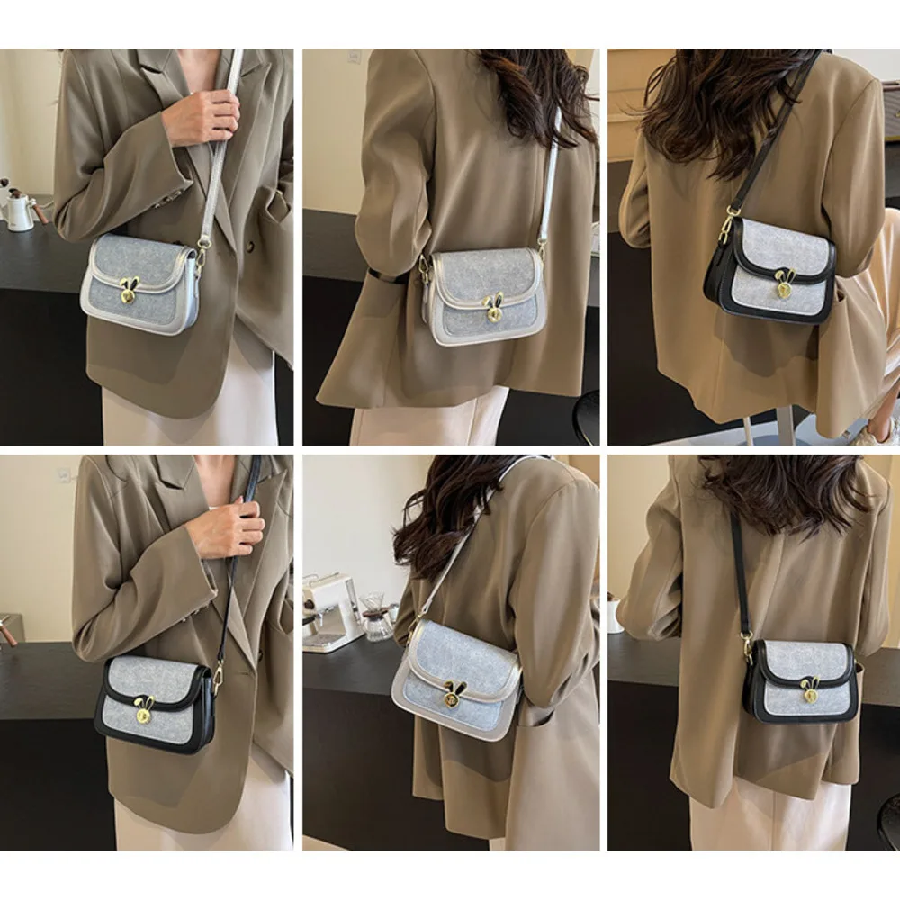 Texture denim saddle for women's 2024 summer new contrasting color lock buckle single shoulder bag, niche Western style_voghion.com