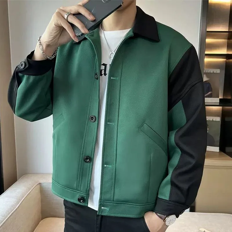 New Spring and Autumn Retro Fashion Ruffian Handsome High-end Color Blocking Work Clothes Trend Lapel Versatile Men's Jacket Top