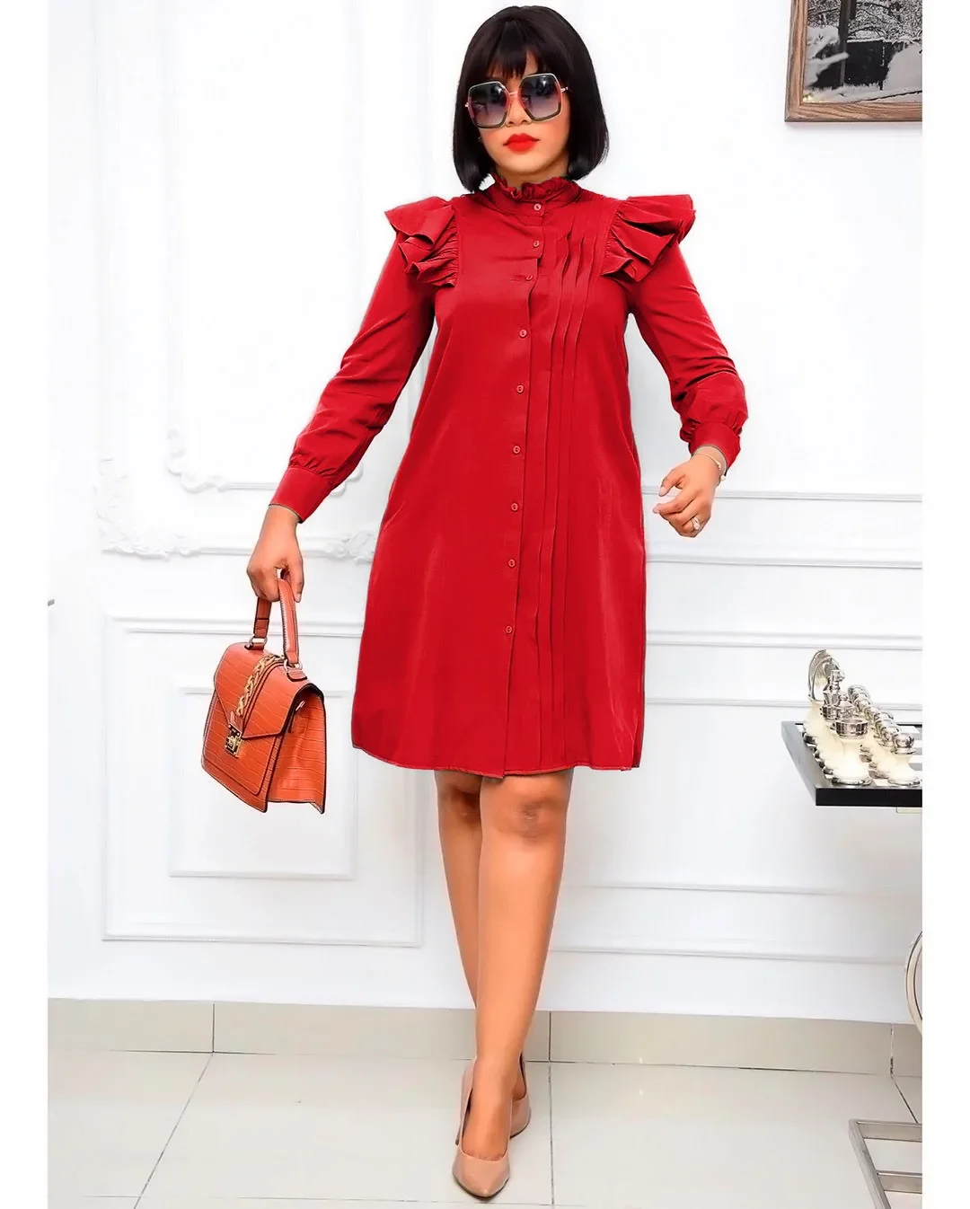 

2021 Summer Women Elegent African Long Sleeve Shirt Dress African Solid Color Dresses for Women Oversized Fashion Bodycon Dress