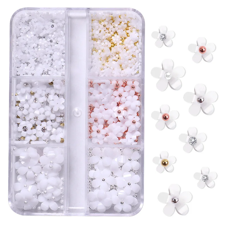 

1 Box 3D Acrylic Flower Nail Parts Mix Colors Steel Beads Nail Art Decoration 6 Grids Box Packing Muti Colors Flatback Flower