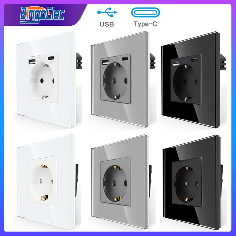 Tomadas de Parede ue com Tomada de Vidro tipo c Usb 20w Carregamento Rápido Moldura Cristal Tomadas Eletrónicas Duplas 220v