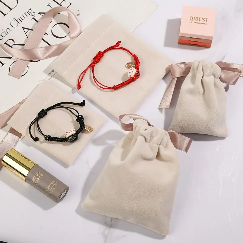 Beige Bow Velvet Jewelry Drawstring Bags Girls Small Gift Package Women Ribbon Pouch Necklace Bracelet Earrings Storage Parcel