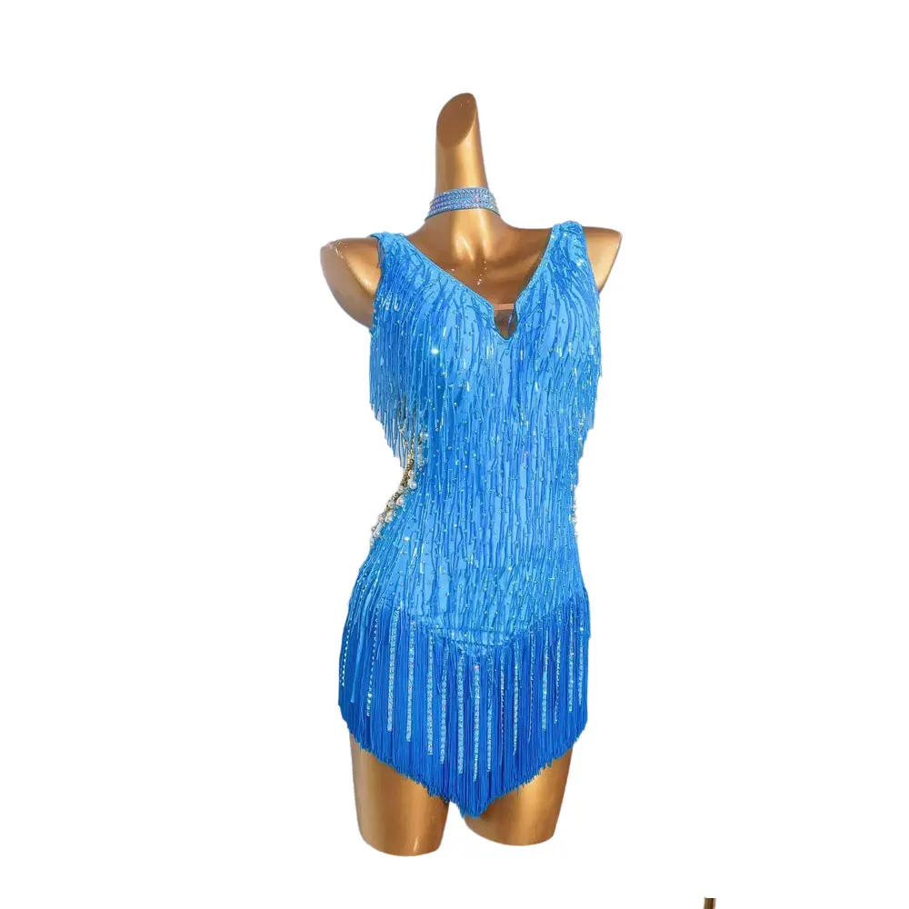 

Latin Dance Competition Women's High-end Dress Custom Chain Strap Pearl Modified Cha Cha Cha Cha Kurochi Costume