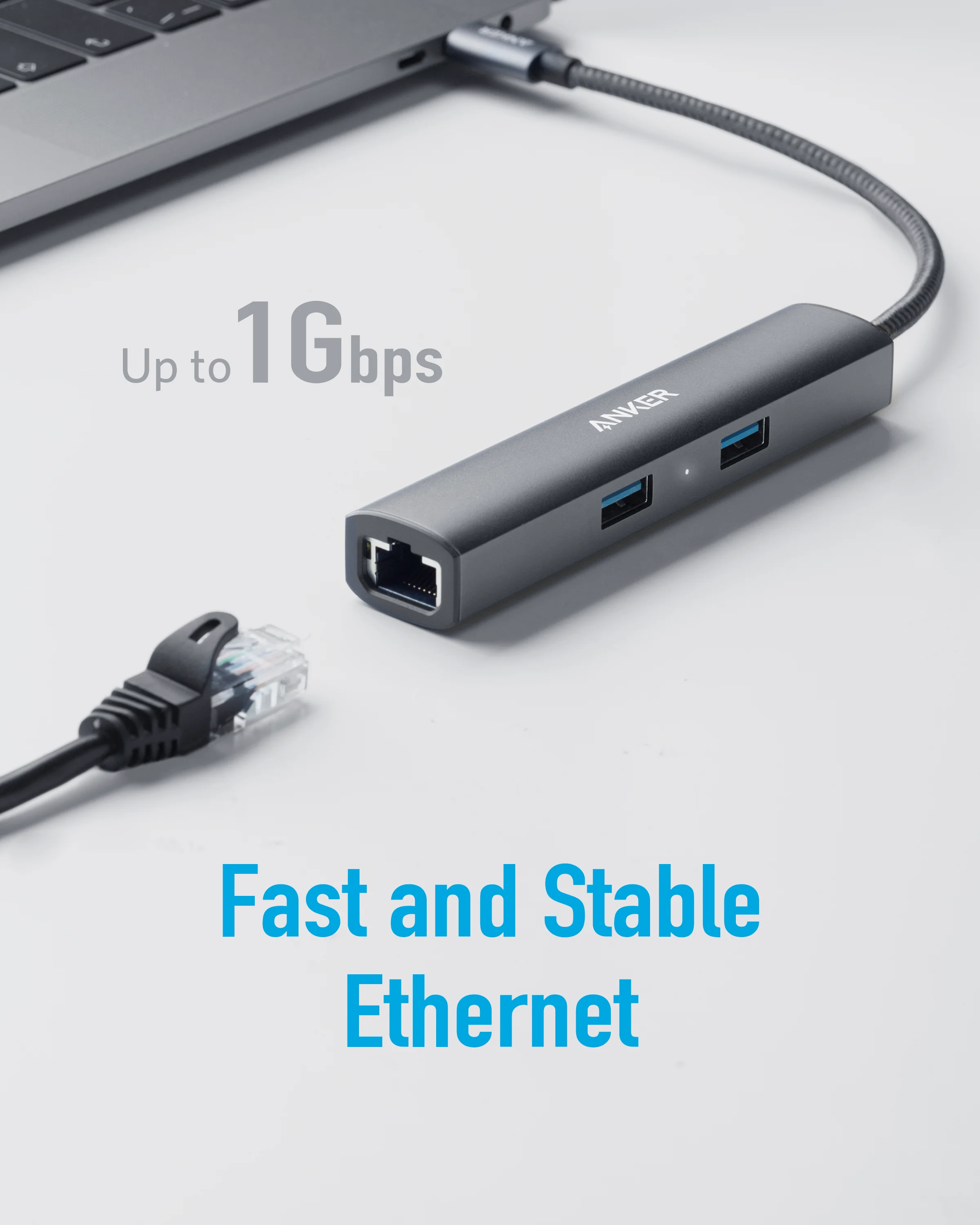 Anker USB 허브 어댑터, 맥북 프로 PC 액세서리용, 이더넷 포트 3 USB 3.0 포트, 4K USB C-HDMI, 5 인 1