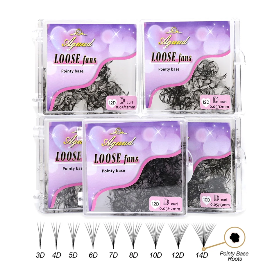AGUUD-속눈썹 연장 3D ~ 16D, 얇은 뾰족한 베이스, 프리메이드 팬, 루스 팬, 속눈썹, 미디엄 스템, 샤프, 프로메이드, 러시아 볼륨 팬 