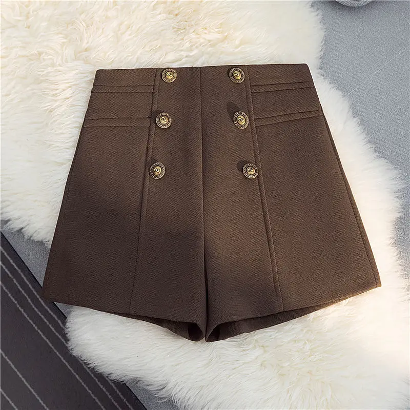 Autumn New Button Patchwork A-line Shorts All-match Loose Solid Zipper Office Wide Leg Pants Vintage Elegant Women Clothing