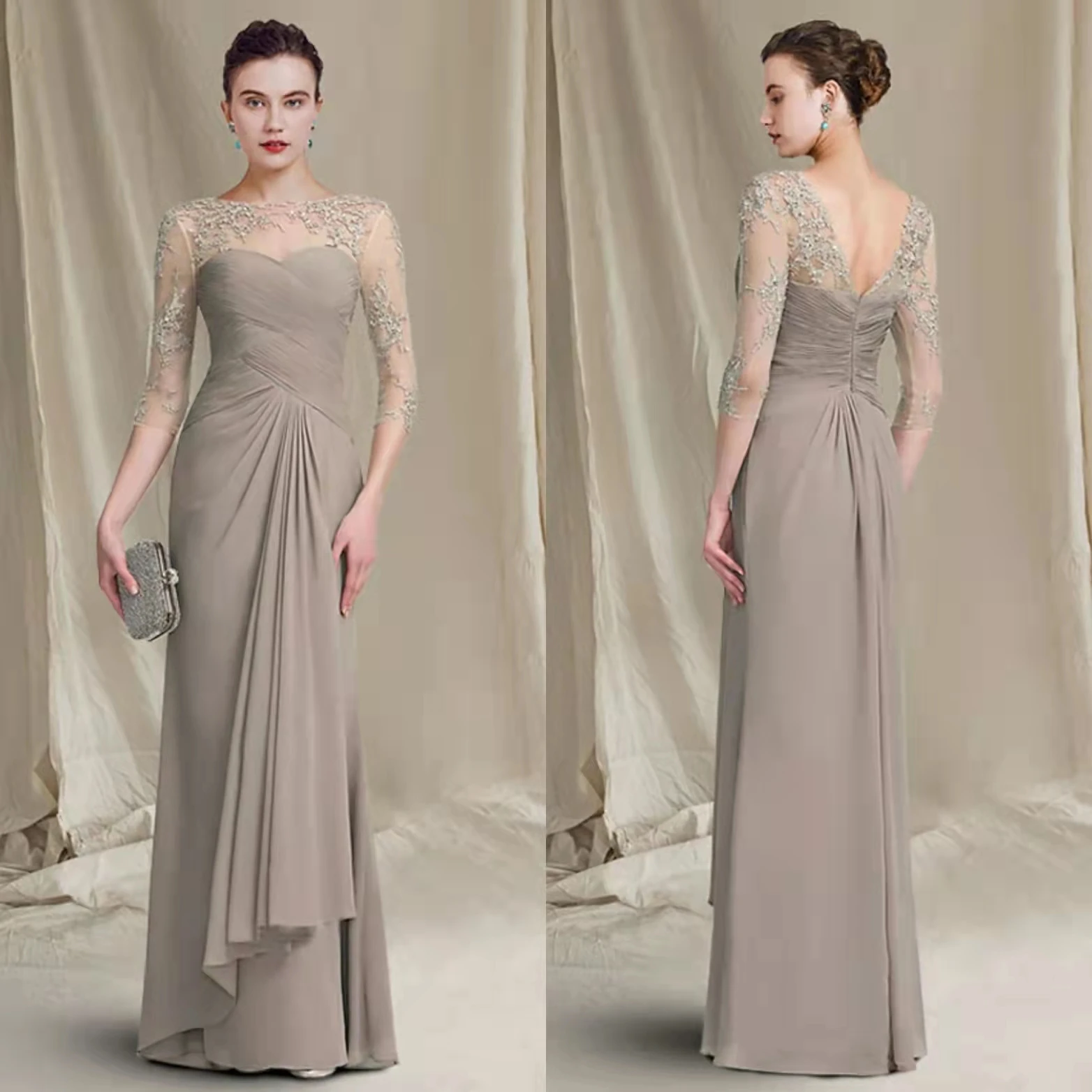 

Elegant Long Chiffon Lace Mother of the Bride Dresses Sheath Ruffled Pleated Floor Length Mother of Groom Dresses for Women
