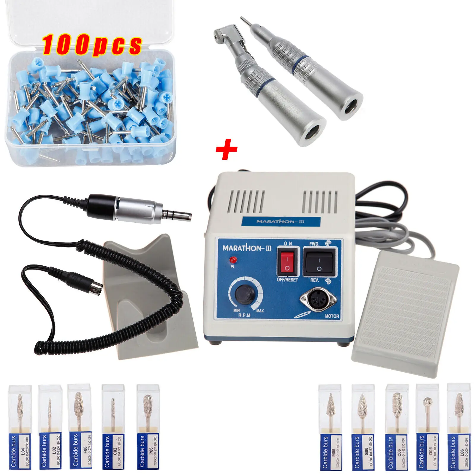 

Dental Lab MARATHON 35K RPM Electric Micromotor Low Speed Straight Contra Angle Handpiece & 100pcs Blue Prophy Polishing Cups