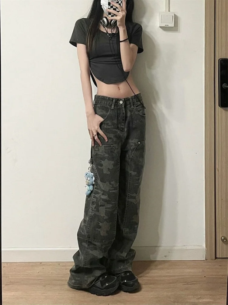 

Camouflage Green Cargo Pants Women Y2K Hippie Low Rise Jeans Retro Streetwear Harajuku Army Wide Leg Denim Trousers