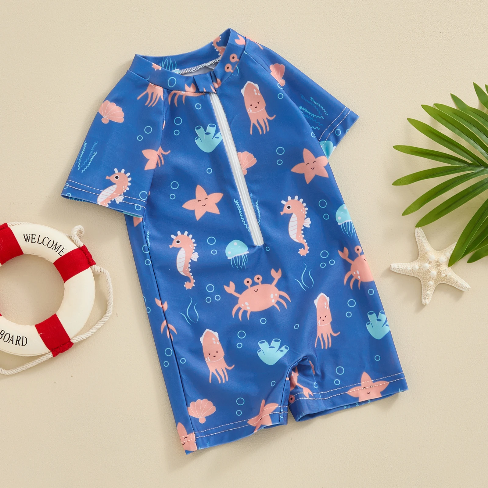FOCUSNORM 0-3Y Infant Baby Boys Swimwear 2 Colors Cartoon Animal Print Short Sleeve Front Zipper Bathing Suits