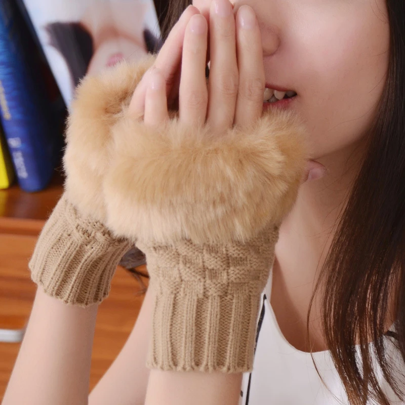 Y2k Style Women's Winter Gloves Faux Fur Knitting Hand Warmer Women Half Finger Gloves Wrist Mittens Writting Arm Wrist Gants