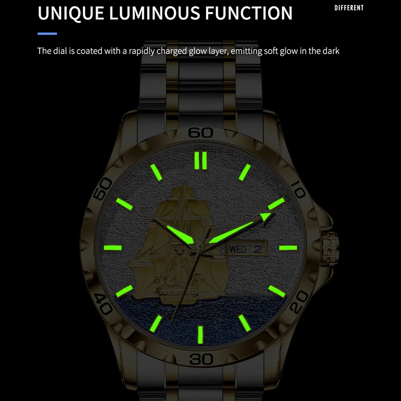 GLENAW Three Dimensional Sailing Dial Design Luxury Automatic Mechanical Watches Luminous waterproof Stainless Steel Strap Watch 5
