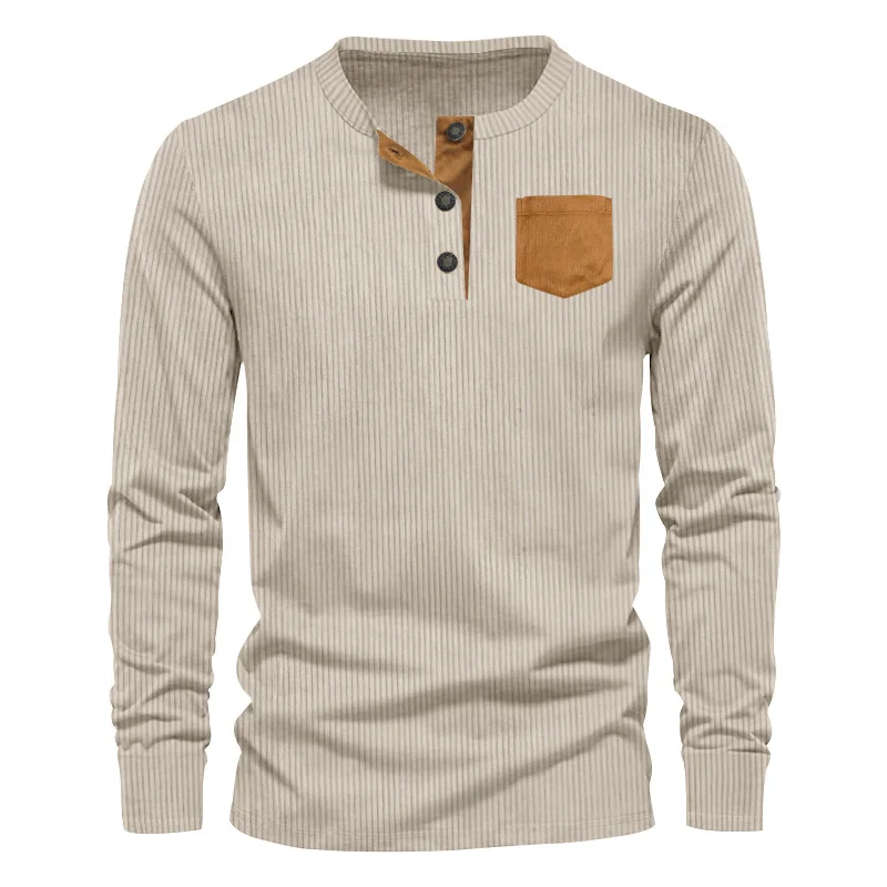 

2024 New European and American Spring and Autumn Round Neck Fashion Casual Corduroy Henry Shirt Men's Long Sleeve Slim T-shirt