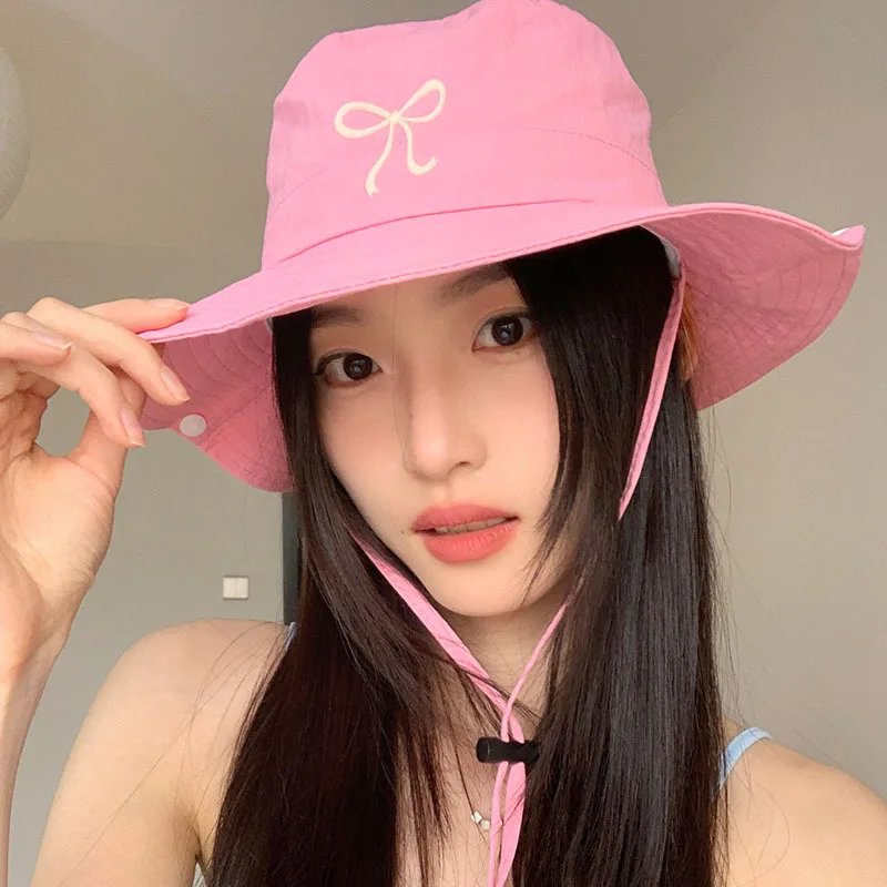 Bow Embroidery Women Quick Dry Bucket Hat Summer Outdoor Hiking camping Panama Caps Wide Brim Fordable Sunscreen Basin Hats