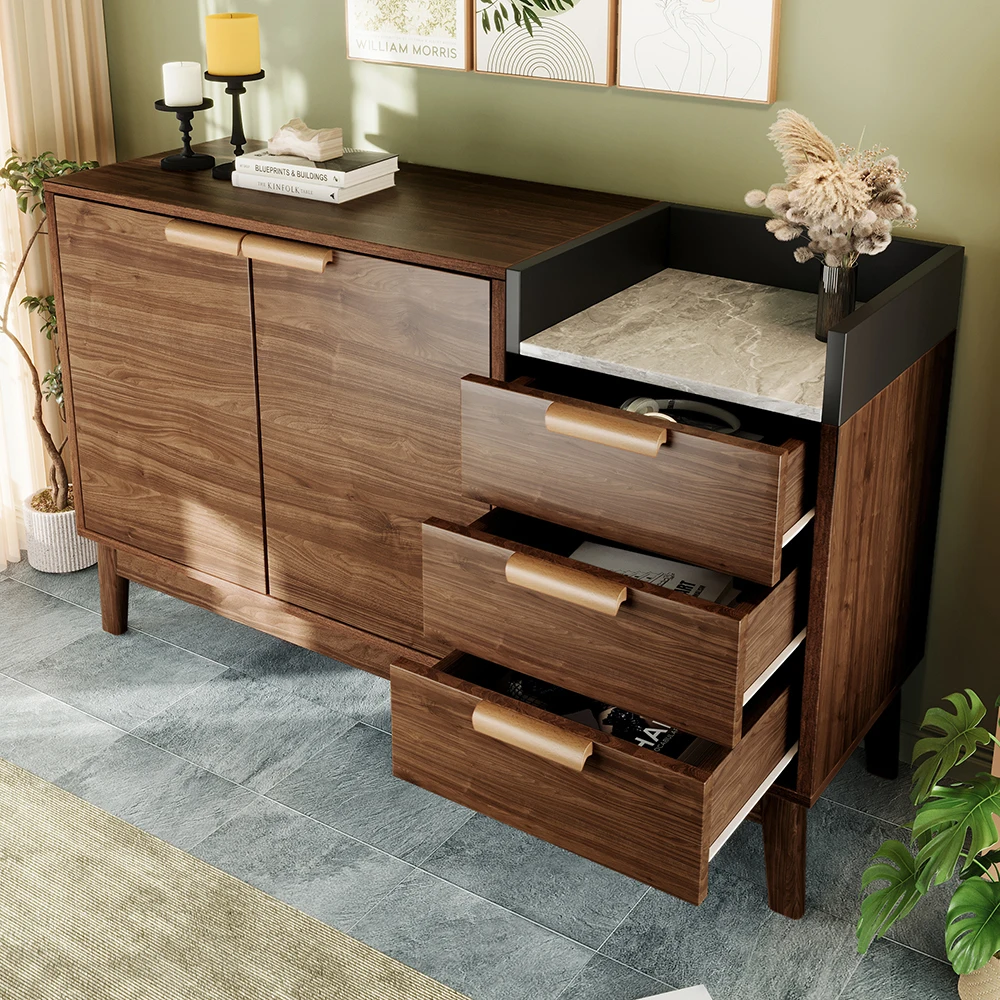 KOMHTOM Wohnzimmer Kommode in Eiche Dekor mit Marmor-Optik Platte - 3 Schubladen & Doppeltürschrank - Massivholzbeine – Detail 3