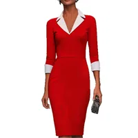 Robe mi-longue crayon à col en V et manches 3/4 contrastées pour femmes, moulante, idéale pour le bureau, les affaires, les soirées formelles et le travail. 5