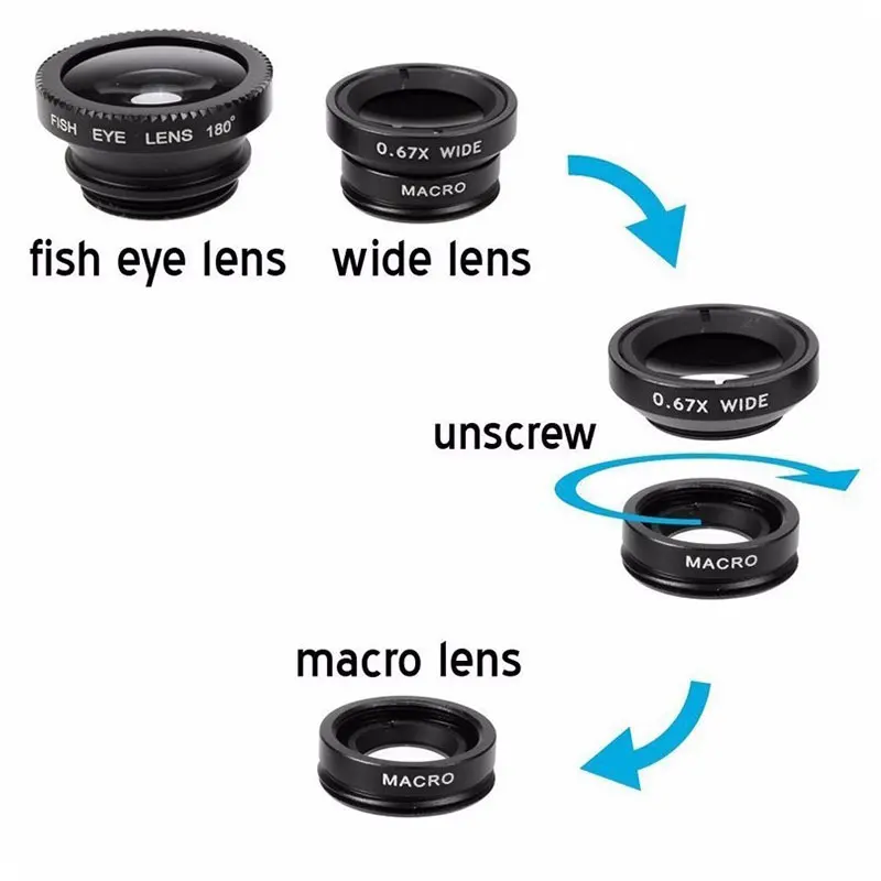 3-in-1 Mobile Phone Camera Lens Set: Fish Eye, Wide Angle, Macro