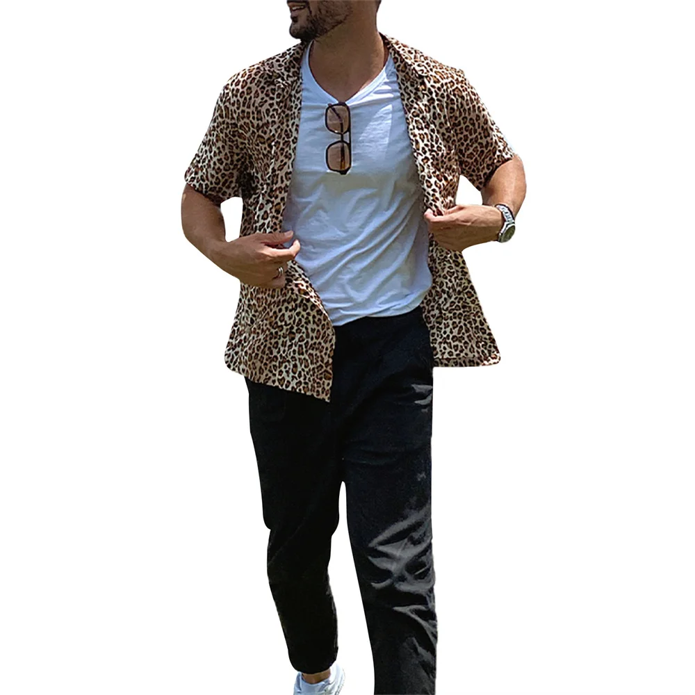 Men Leopard Print Button down Shirts Summer Casual Short Sleeve Shirts Beach Streetwear shirts and blouses Baggy Oversized Tops
