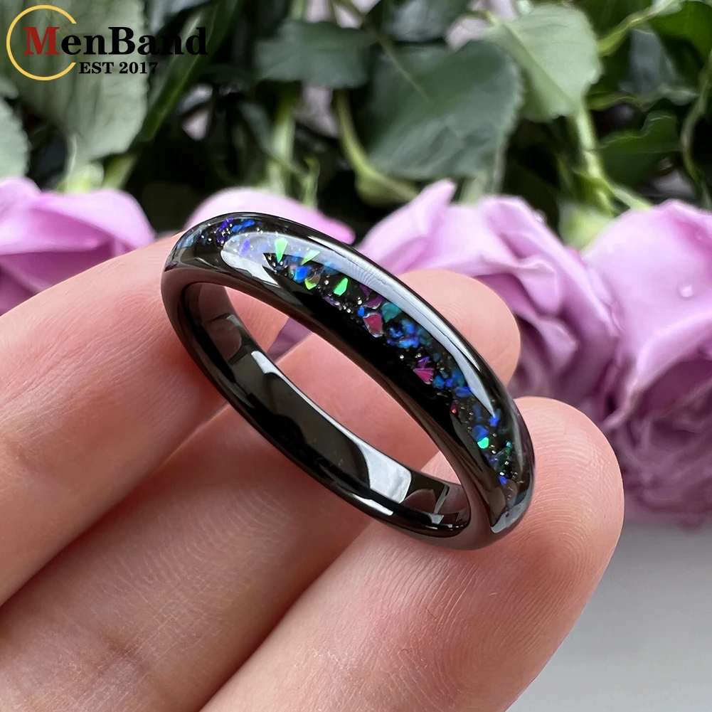 MenBand 4MM Black Opal Ring Women Tungsten Engagement Wedding Band Stylish Gift Jewelry Domed Polished Comfort Fit Size 5-11
