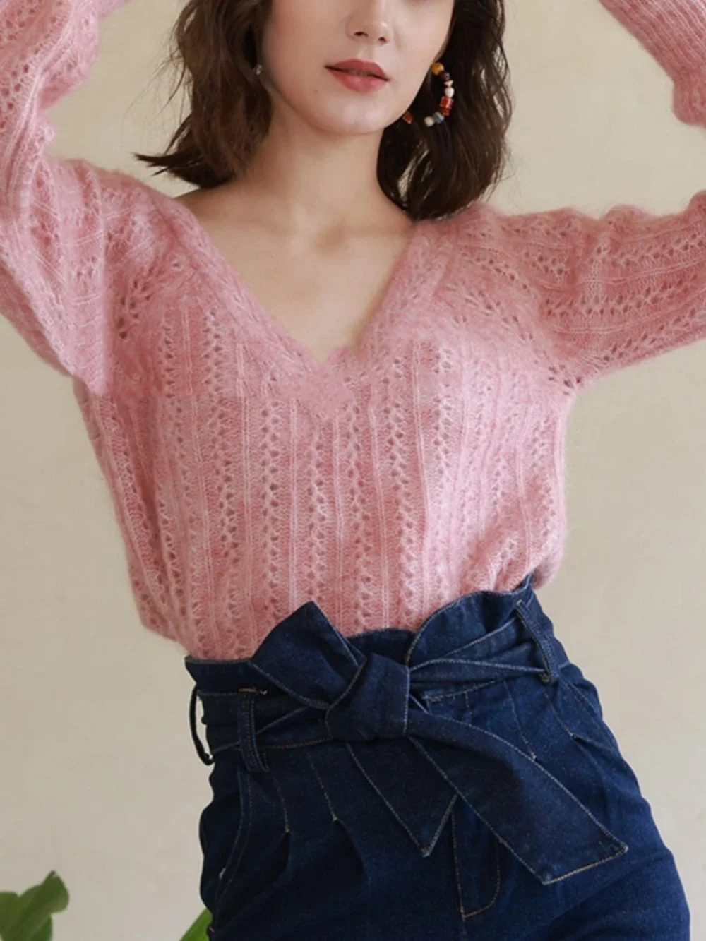 

Women's Sweater 2023 New Autumn Winter Backless Two Ways Wearing Hollow Out Elegant Sweet Long Lantern Sleeve Pullover