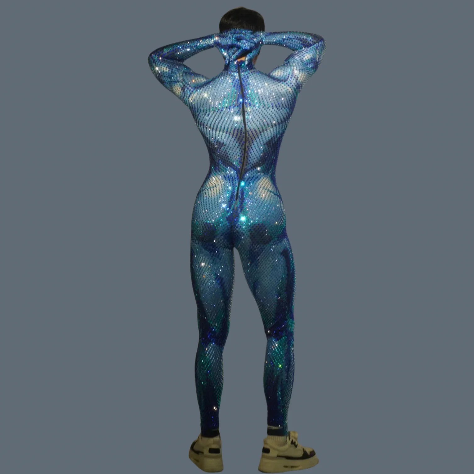 Fashion Men's Sexy Wear Luxury Full Rhinestone Jumpsuit Spandex Bodycon Party Nightclub DJ Stage Performance Muscular Man Juren 2