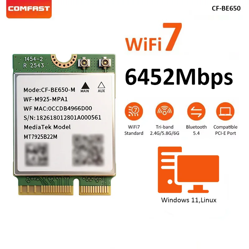 Comfast 6452Mbps PCI-E WiFi 7 네트워크 카드 인텔 AMD Wi-Fi 어댑터 트라이밴드 2.4G/5G/6GHz BT5.4 윈도우11 리눅스용
