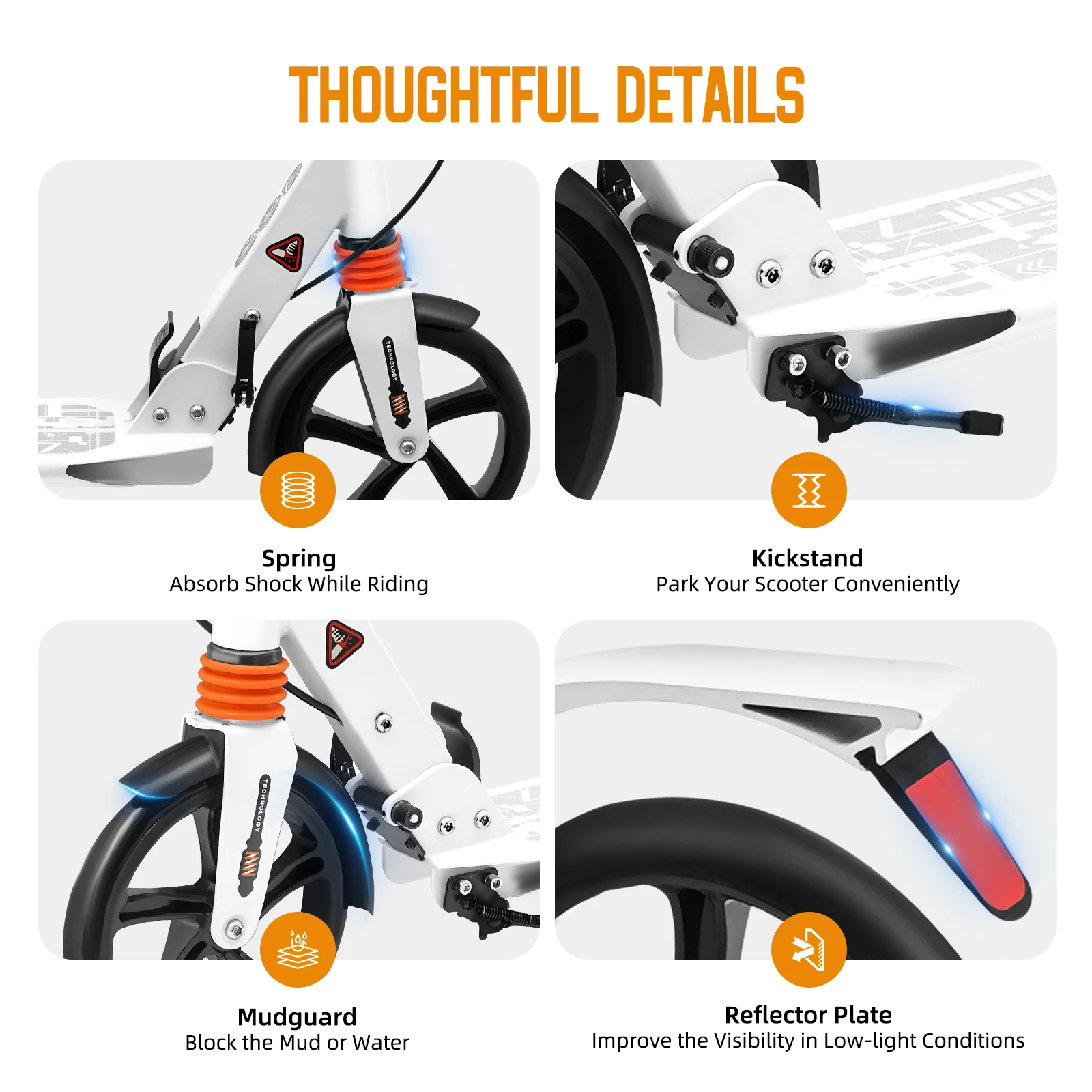 Faltbarer Kick-Scooter 220 lbs Tragkraft Höhenverstellbar 37"-42" Doppelbremsen PU-Räder Stoßdämpfer Pendler-Scooter für Erwachsene – Detail 6