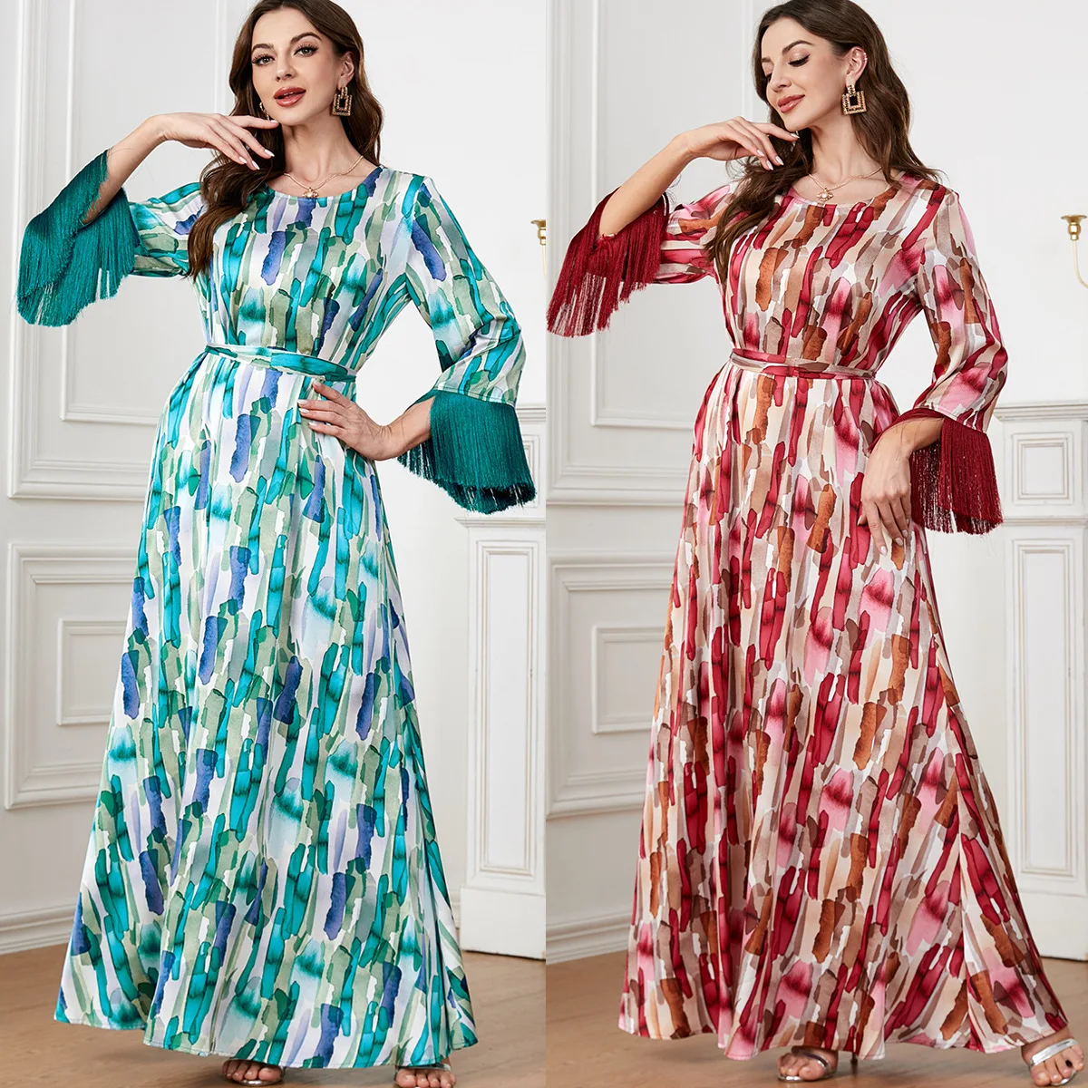 Maxi Dress for Women Summer 2023 New Tassel Patchwork O Neck Long Sleeve Elegant Ethnic Print Arab Dubai Muslim Dess Clothes