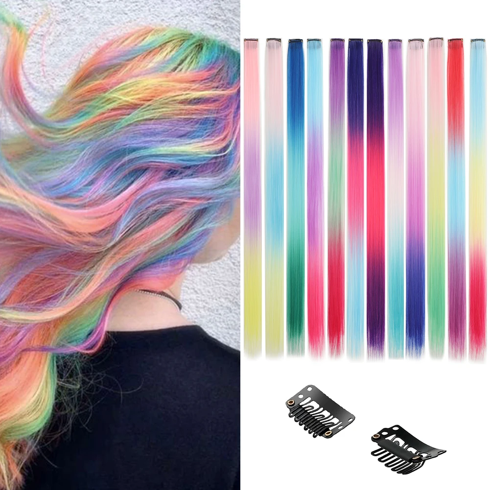 Clip in Hair Extensions Synthetic Hairpieces Colored Party Highlights  for Girls 18 inches Multi-colors Straight Hair