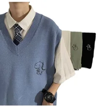 

2022NEW 2021 Spring Men's Trendy Dinosaur Sweater Embroidered Loose V-neck Sweater Vest Woman Casual Streetwear Tops Clothing