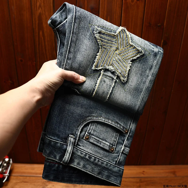 Light luxury trendy embroidered jeans men slim fit straight leg version fashionable trend elastic MEN'S high-end casual pants