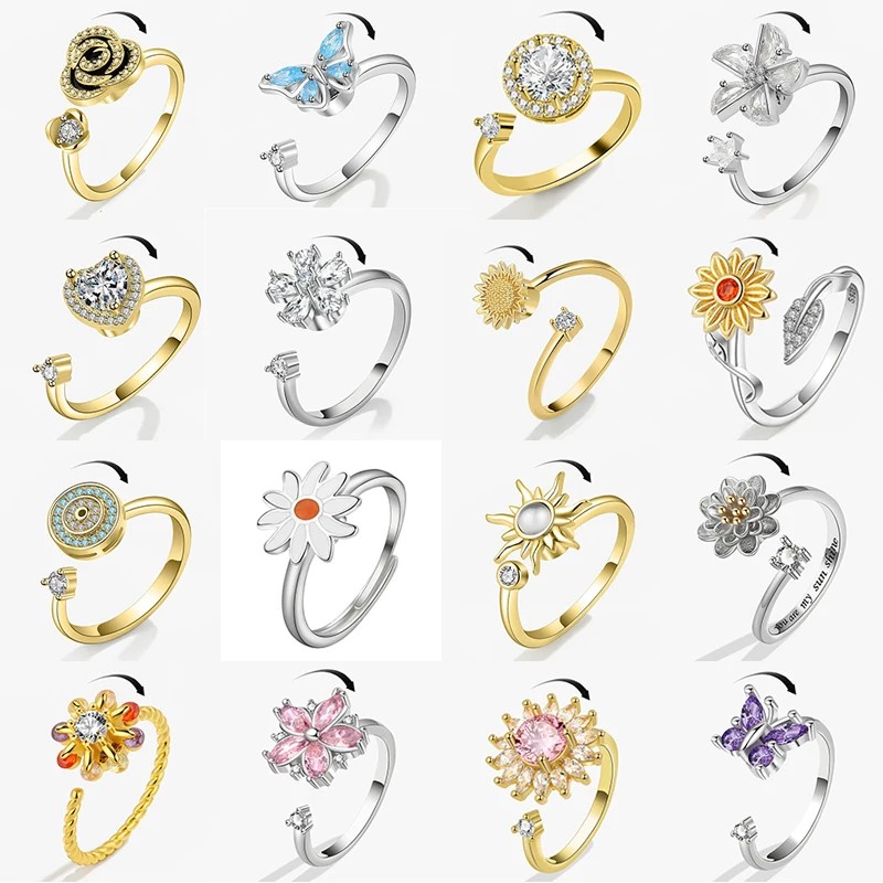 Luxuriöser Schmetterlings-Sonnenblumen-Fidget-Spinner-Ring gegen Angstzustände für Frauen, Kristallblumen-Angst-Fingerringe, Anti-Stress-Hochzeitsschmuck