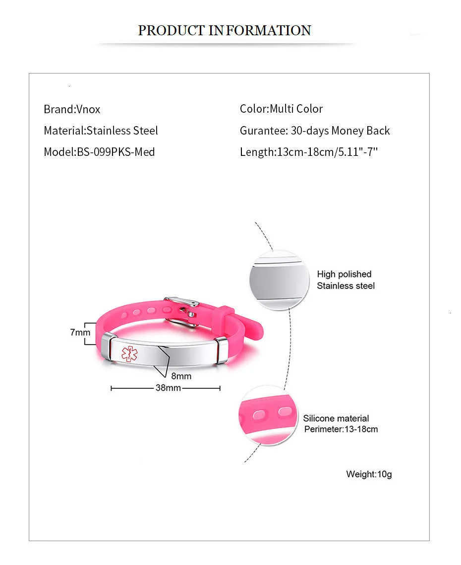 Vnox Angepasst Kinder Medical Alert ID Armbänder für Jungen Mädchen Anti Allergie Edelstahl Silikon Personalisieren Notfall Informationen. – Detail 10