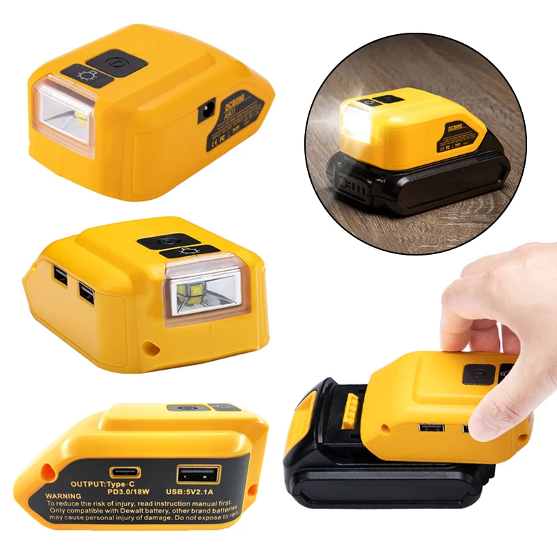 

Replacement DCB090 Power Source Converter for Dewalt 18V 20V Max Li-ion Battery Adapter with USB Port 3W LED Work Light