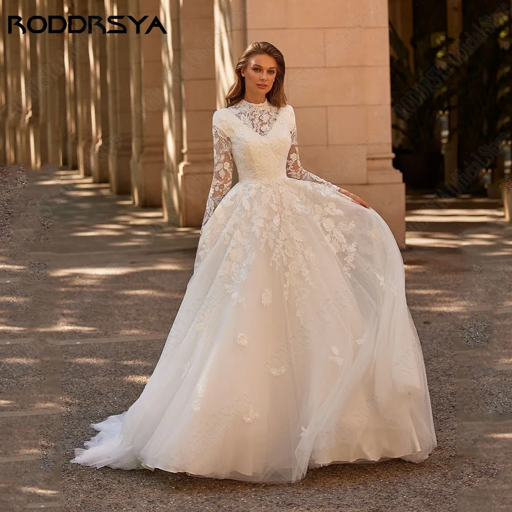 

RODDRSYA Long Sleeves Lace Wedding Dress 2024 A-Line O-Neck Button Muslim Bridal Gown Applique Tulle Custom Made Robe De Mariée