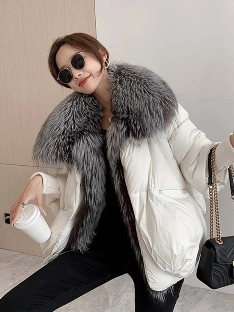 Female Large Fox Fur Collar Outerwear Thick Warm Fur Real Fur Coat Winter Jacket Women White Duck Down Jackets Hooded