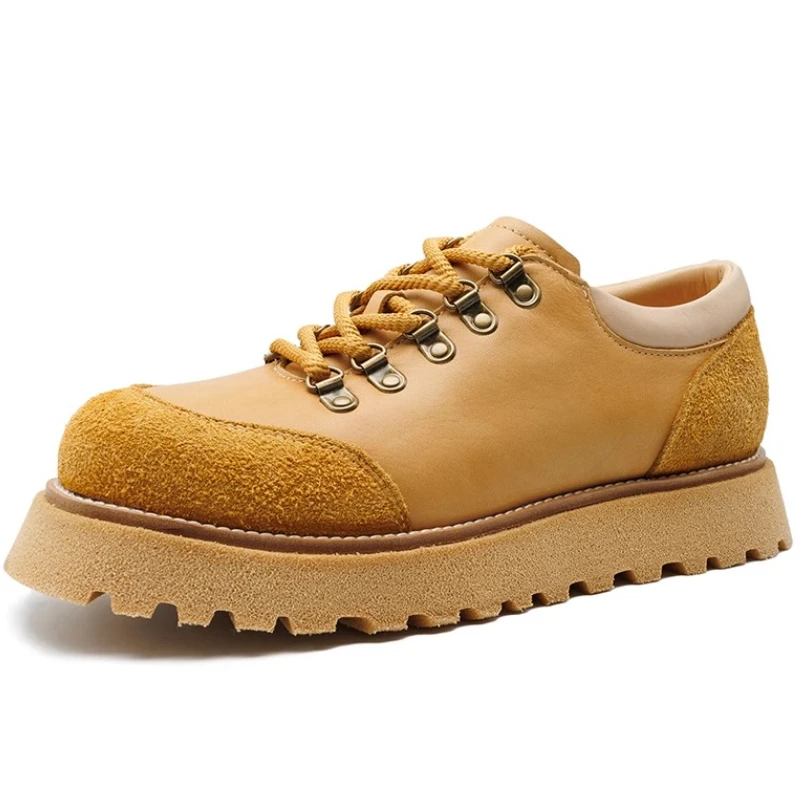 Genuine Leather Yellow Tooling Shoes for Men's American Style Thick Soled Casual Shoes Retro Brown Velvet Cowhide Handmade Shoes